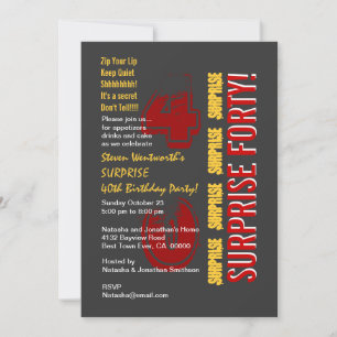 SURPRISE 40th Modern Birthday Red Gold Grey Invitation