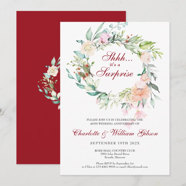 Surprise 40th Ruby Wedding Anniversary Party Invitation (Front/Back)