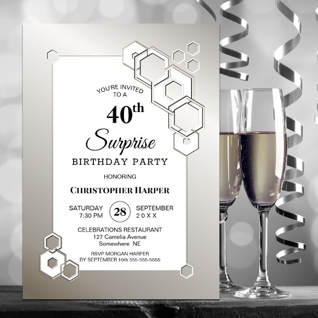 Surprise 40th Silver Geometric Birthday Party Invitation (Creator Uploaded)