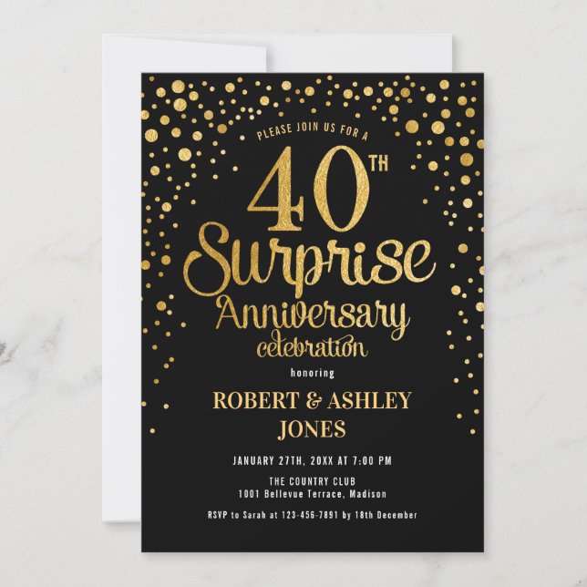Surprise 40th Wedding Anniversary - Black & Gold Invitation (Front)