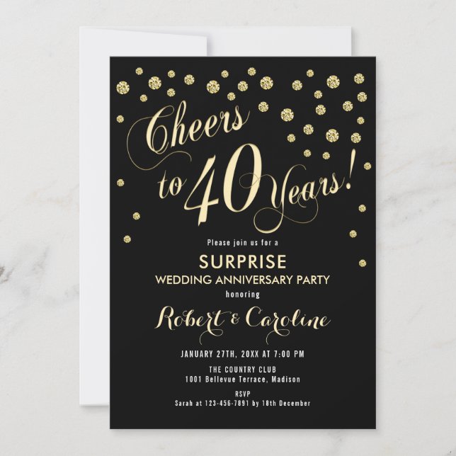 Surprise 40th Wedding Anniversary - Black & Gold Invitation (Front)