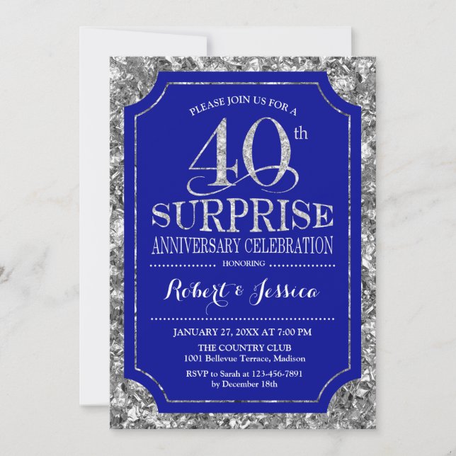 Surprise 40th Wedding Anniversary - Blue Silver Invitation (Front)