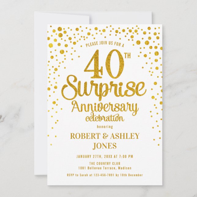 Surprise 40th Wedding Anniversary - Gold & White Invitation (Front)