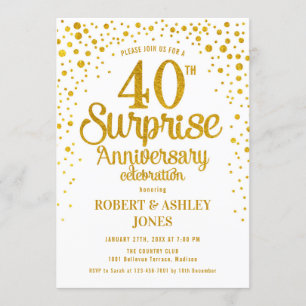 Surprise 40th Wedding Anniversary - Gold & White Invitation