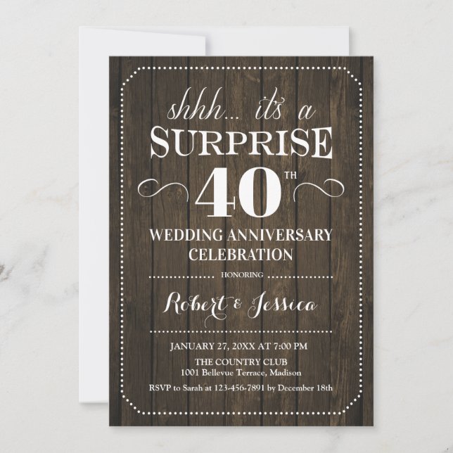 Surprise 40th Wedding Anniversary - Rustic Wood Invitation (Front)