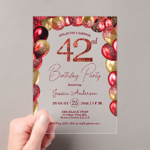 Surprise 42nd Birthday Party Gold Burgundy Glitter Acrylic Invitations