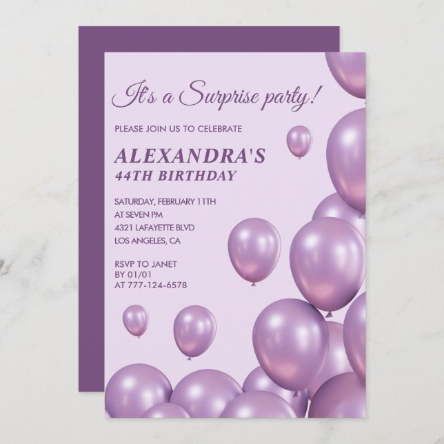 Surprise 44th birthday invitations Purple Balloons (Front/Back)