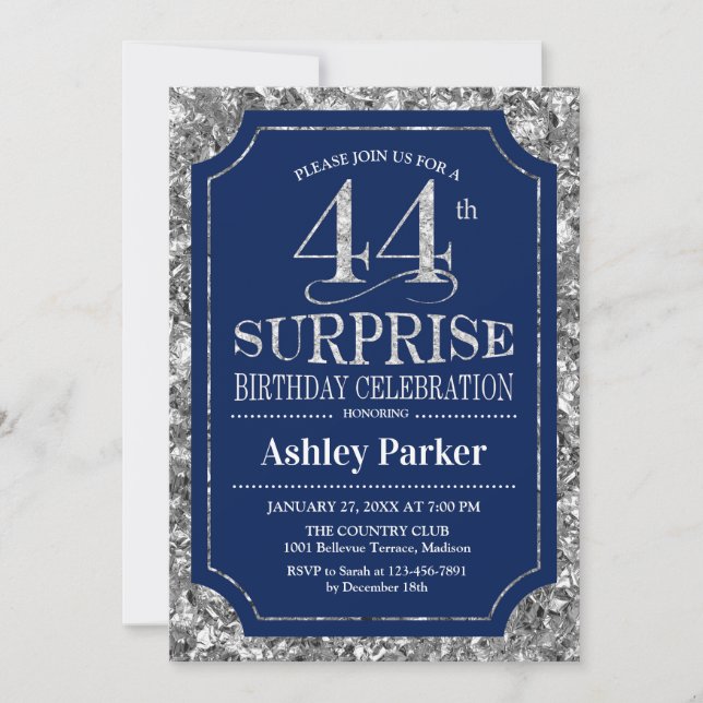 Surprise 44th Birthday Party - Silver Navy Blue Invitation (Front)