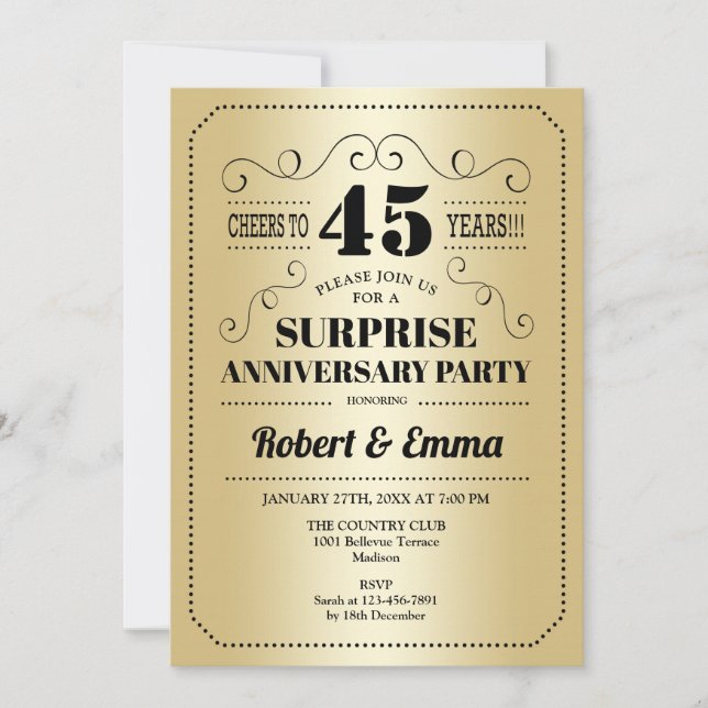 Surprise 45th Anniversary Party - Gold Black Invitation (Front)