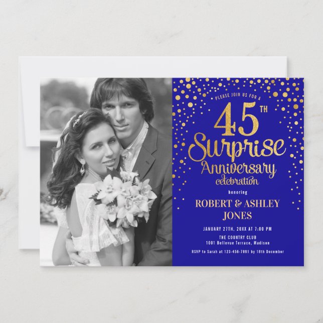 Surprise 45th Anniversary with Photo - Blue Gold Invitation (Front)