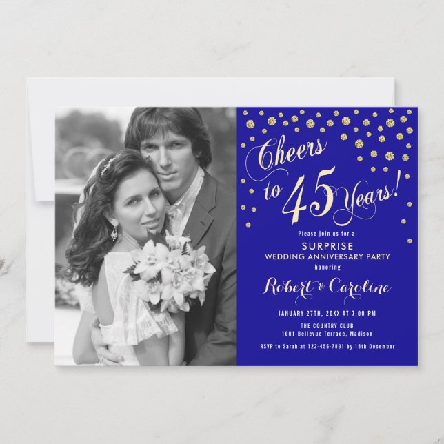 Surprise 45th Anniversary with Photo - Gold Blue Invitation (Front)