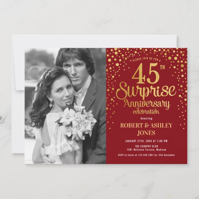 Surprise 45th Anniversary with Photo - Red Gold Invitation (Front)