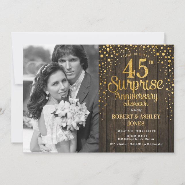 Surprise 45th Anniversary with Photo - Wood Gold Invitation (Front)