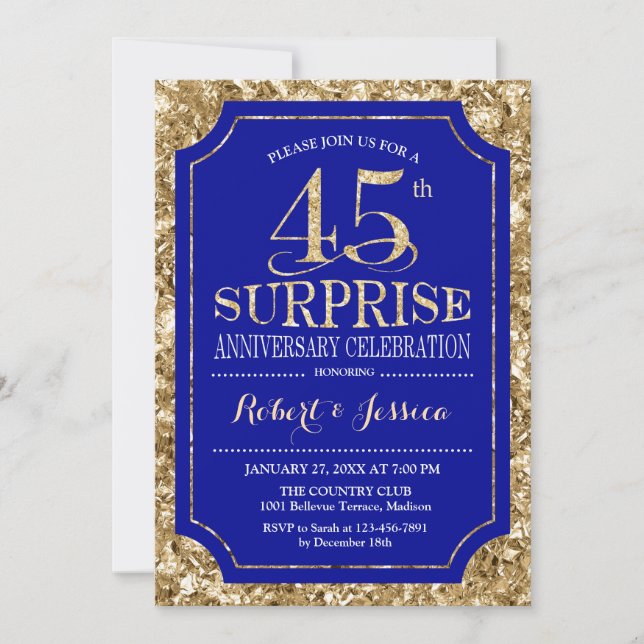 Surprise 45th Wedding Anniversary - Blue Gold Invitation (Front)