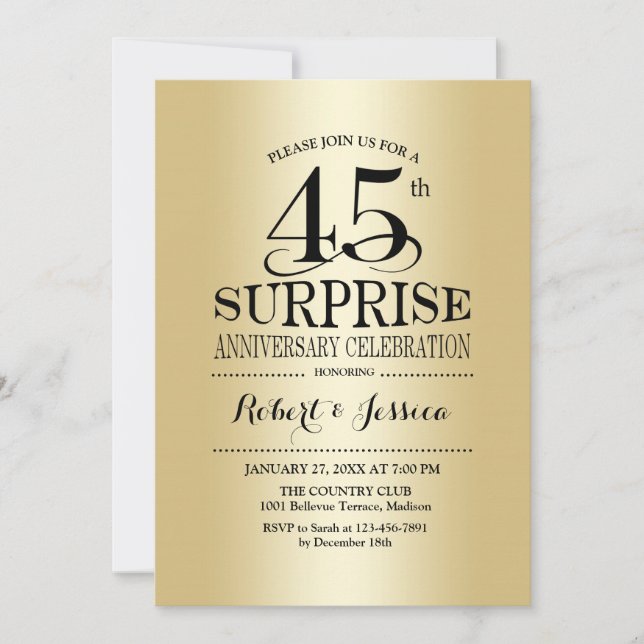 Surprise 45th Wedding Anniversary - Gold Invitation (Front)