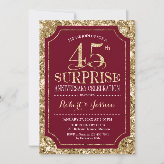Surprise 45th Wedding Anniversary - Red Gold Invitation (Front)
