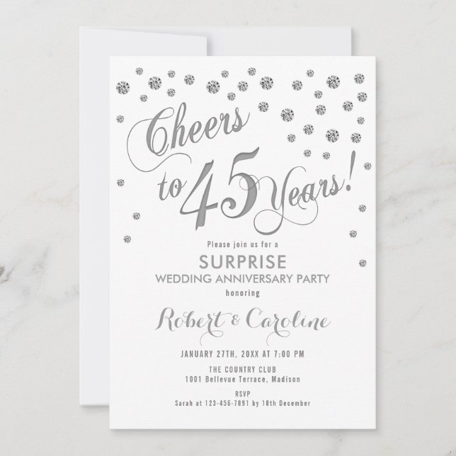 Surprise 45th Wedding Anniversary - White & Silver Invitation (Front)