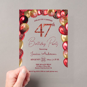 Surprise 47th Birthday Party Gold Burgundy Glitter Acrylic Invitations