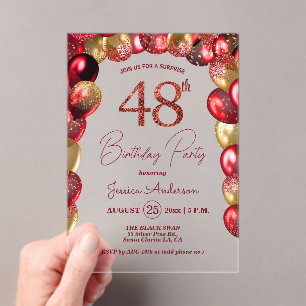 Surprise 48th Birthday Party Gold Burgundy Glitter Acrylic Invitations