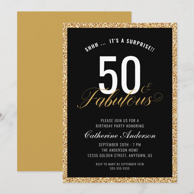 Surprise 50 & Fabulous Gold Glitter Birthday Party Invitation (Front/Back)