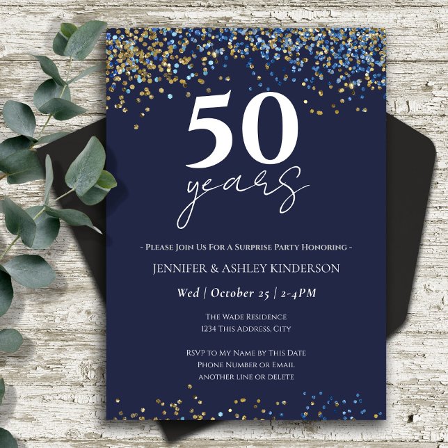 Surprise 50th Anniversary Blue and Gold  Invitation (Creator Uploaded)