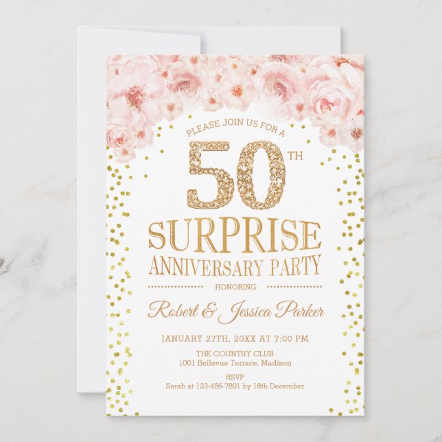 Surprise 50th Anniversary Party - White Gold Invitation (Front)
