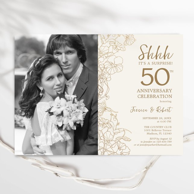 Surprise 50th Anniversary With Photo - Gold Floral Invitation (Creator Uploaded)