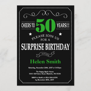 Surprise 50th Birthday Black and Green Chalkboard Invitation