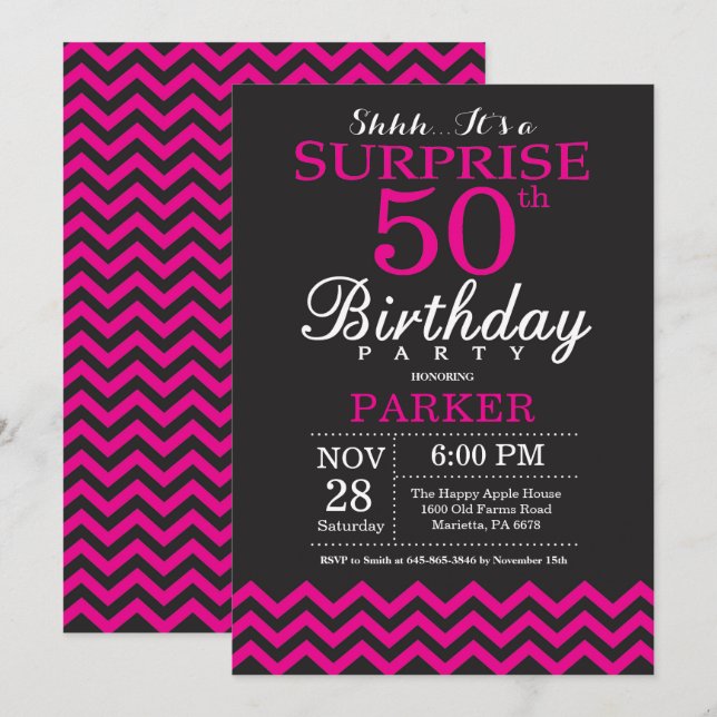 Surprise 50th Birthday Black and Hot Pink Invitation (Front/Back)