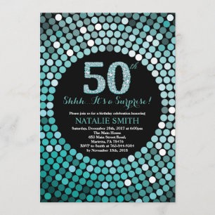 Surprise 50th Birthday Black and Teal Glitter Invitation