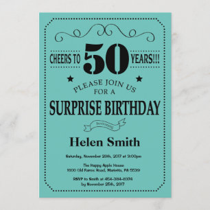 Surprise 50th Birthday Black and Teal Invitation