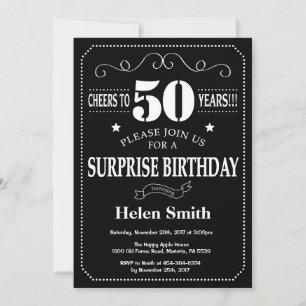 Surprise 50th Birthday Black and White Chalkboard Invitation