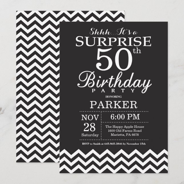 Surprise 50th Birthday Black and White Chevron Invitation (Front/Back)