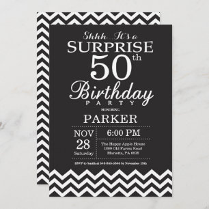 Surprise 50th Birthday Black and White Chevron Invitation