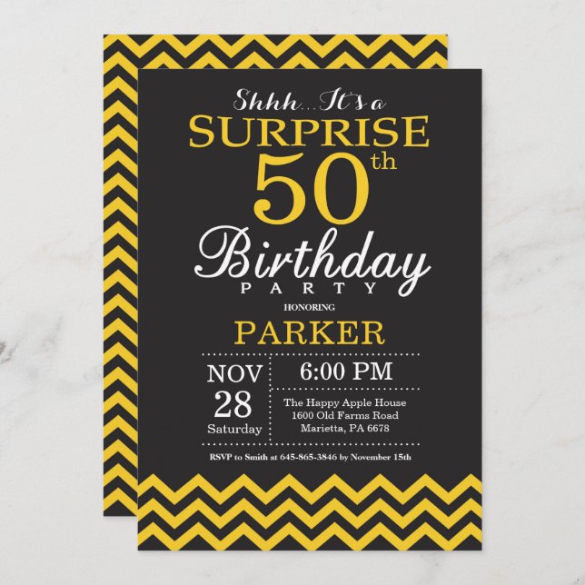 Surprise 50th Birthday Black and Yellow Chevron Invitation (Front/Back)