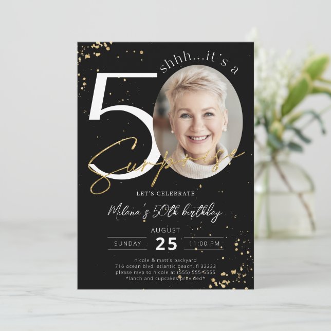 Surprise 50th Birthday Black Gold Photo Invitation (Standing Front)