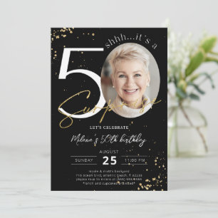 Surprise 50th Birthday Black Gold Photo Invitation