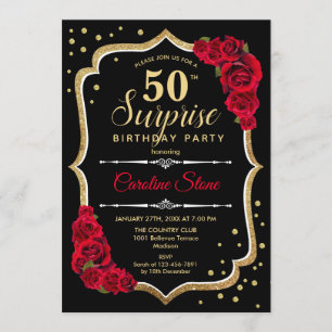 Surprise 50th Birthday - Black Gold Red Invitation