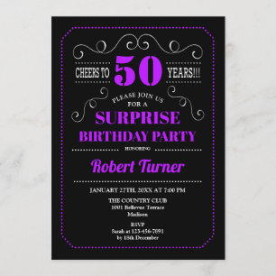 Surprise 50th Birthday - Black Purple Invitation