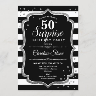 Surprise 50th Birthday - Black White Silver Invitation