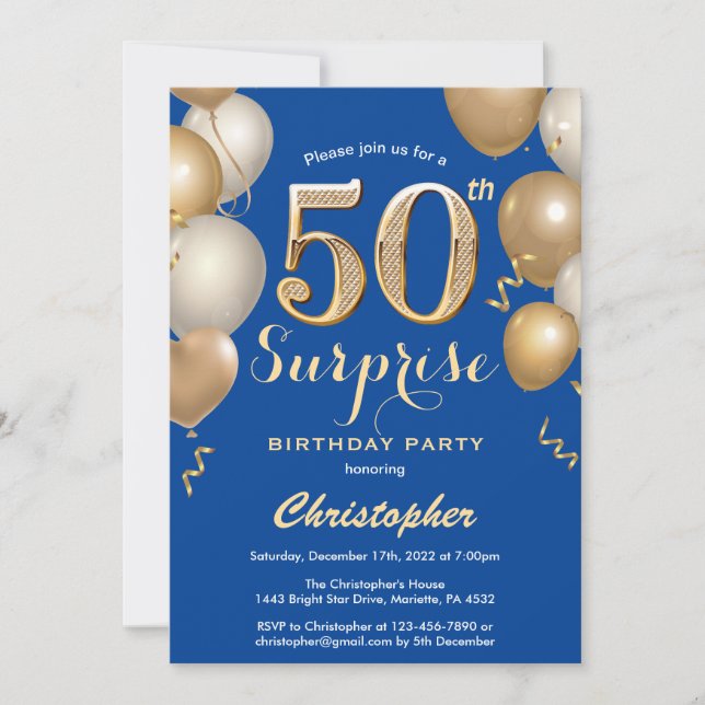 Surprise 50th Birthday Blue and Gold Balloons Invitation (Front)