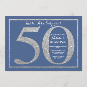 Surprise 50th Birthday Blue and Silver Glitter Invitation