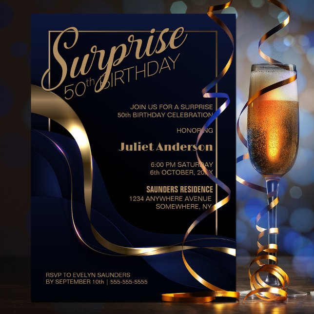 Surprise 50th Birthday Blue Gold Party Invitation (Creator Uploaded)
