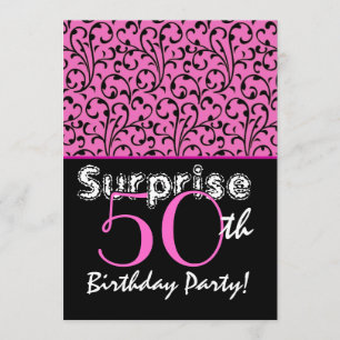SURPRISE 50th Birthday Bright Pink Black Swirls Invitation