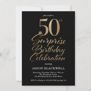 Surprise 50th Birthday Celebration Black & Gold Invitation
