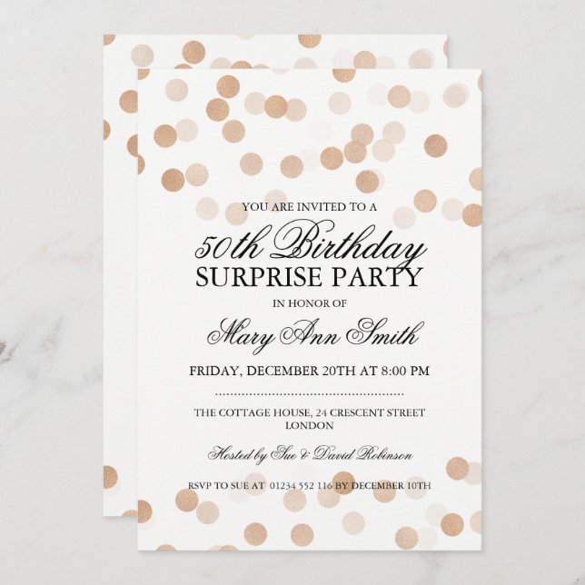 Surprise 50th Birthday Copper Foil Glitter Lights Invitation (Front/Back)