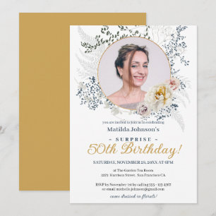 Surprise 50th Birthday Delicate Floral Roses Photo Invitation
