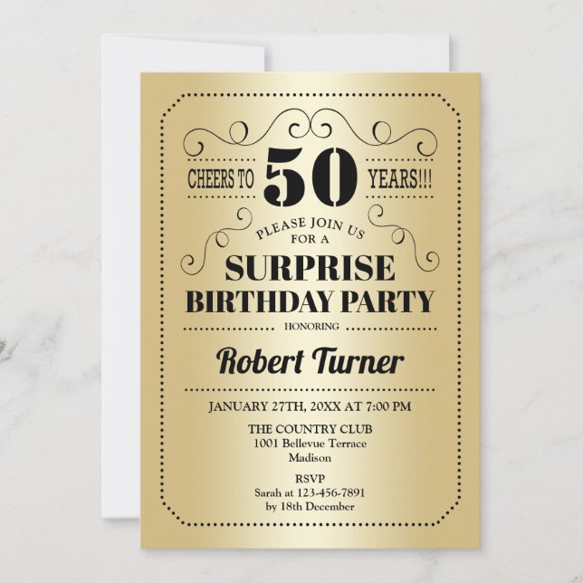 Surprise 50th Birthday - Gold Black Invitation (Front)