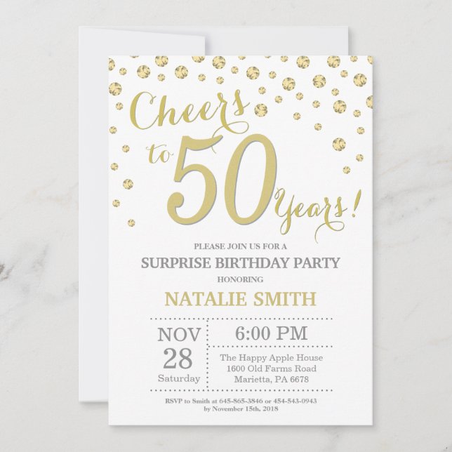 Surprise 50th Birthday Gold Glitter Diamond Invitation (Front)