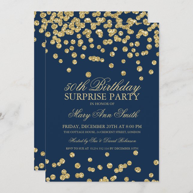 Surprise 50th Birthday Gold Glitter Navy Blue Invitation (Front/Back)